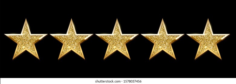 Realistic five shiny golden star set on black backdrop. Review rating, feedback, quality and opinion rank. Customers evaluation. Followers assessment. Best valuation. Vector illustration design