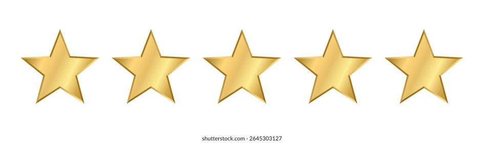 Realistic five thin gold star with metallic effect. 5 elements for Awards, medals, rating designation, hotels status on a transparent background. Customer feedback, review. Isolated Vector EPS10