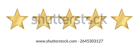 Realistic five thin gold star with metallic effect. 5 elements for Awards, medals, rating designation, hotels status on a transparent background. Customer feedback, review. Isolated Vector EPS10