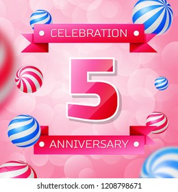 Realistic Five Years Anniversary Celebration design banner. Pink numbers and pink ribbons, balloons on pink background. Colorful Vector template elements for your birthday party