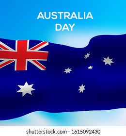 The realistic flag of Australia flies in the wind. Australia Day. Isolated on blue sky background. Vector illustration.