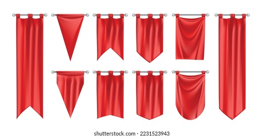 Realistic flag pennant mockup set with isolated images of hanging red pennons of different border shape vector illustration