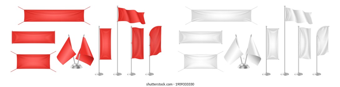 Realistic flags, textile banners, canvas and pennants mockup white and red empty for graphic design. 3d fabric vertical and horizontal flags set. Blank for ad and promo. Vector illustration