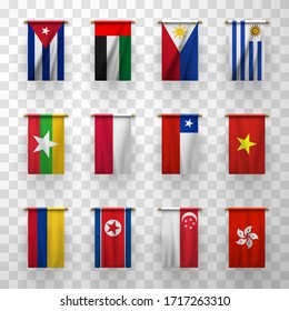 Realistic flags vector 3d icons Burma, Colombia and Chile, Uruguay, Cuba, UAE. Poland, Philippines and Singapore, Hong Kong, DPRK North Korea, Vietnam isolated national countries symbolic, flags set