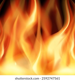 Realistic flame background. Vector illustration of fire, mockup bright burning blaze .Glowing fiery wallpaper