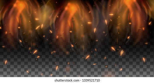Realistic flame. Burning glowing particles. Flame of fire with sparks in the air over a dark night. Firestorm texture. Isolated on a black transparent background. - Vector