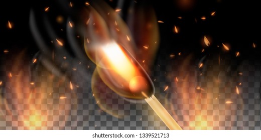 Realistic flame. Burning glowing particles. Flame of fire with sparks in the air over a dark night. Firestorm texture. Isolated on a black transparent background. - Vector