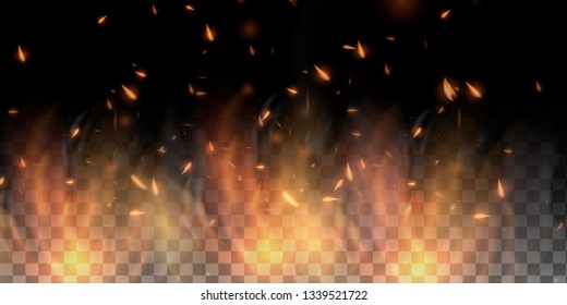 Realistic flame. Burning glowing particles. Flame of fire with sparks in the air over a dark night. Firestorm texture. Isolated on a black transparent background. - Vector
