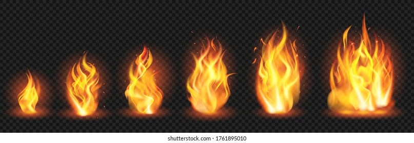 Realistic flame concept. Flaring fire blaze, various size burning spurts of flame, growing wildfire flames isolated vector illustration set. Blaze burn, hot flaming, bonfire ignite transparent