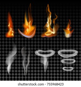 Realistic flame effect fire and smoke, vector illustration set.