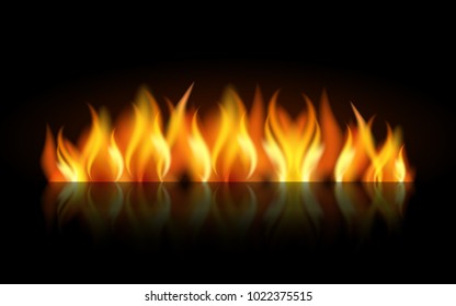 Realistic flame, fire on black background - vector