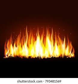 Realistic flame, fire on black background - stock vector