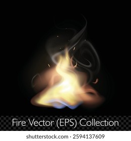 Realistic flame, fire with smoke, glowing sparkles and burning hit effects, vector (EPS), editable illustration on transparent background