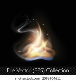 Realistic flame, fire with smoke, glowing sparkles and burning hit effects, vector (EPS), editable illustration on transparent background