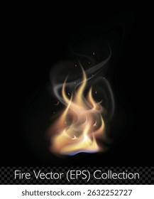 Realistic flame, fire with smoke, glowing sparkles and burning hit effects, vector (EPS), editable illustration on transparent background