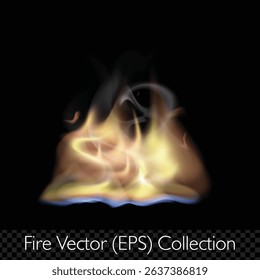 Realistic flame, fire with smoke, glowing sparkles and burning hit effects, vector (EPS), editable illustration on transparent background