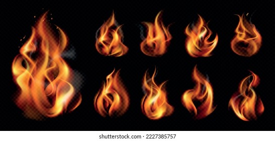 Realistic flame fire transparent icon set nine isolated mini fires on dark background vector illustration