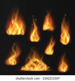 Realistic Flame. Fireball Warm Fire Effect Abstract Torch Red Flames Flaming Isolated Vector Collection