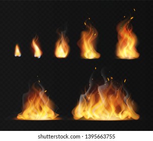 Realistic flame. Hot fireball warm furnace fire blazing effect abstract torch red flames flaming isolated fireplace vector collection