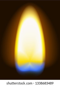 Realistic flame. Matchstick burning with yellow and blue section, transparent isolated on black background. Vector illustration