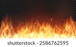Realistic flame with smoke isolated on transparent background. Vector border of fire, mockup bright burning blaze with  ember particles and fume. Glowing fiery element with smoke and sparks