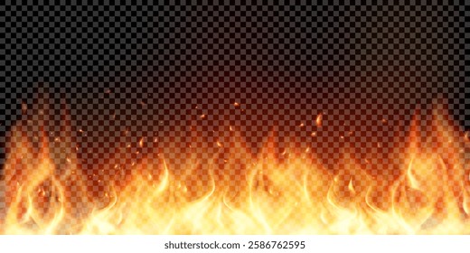 Realistic flame with smoke isolated on transparent background. Vector border of fire, mockup bright burning blaze with  ember particles and fume. Glowing fiery element with smoke and sparks