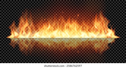 Realistic flame with smoke with reflection transparent background.Vector border of fire, mockup bright burning blaze with  ember particles and fume. Glowing fiery element with smoke and sparks