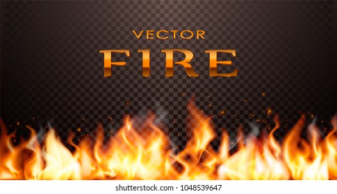 Realistic flame, vector 3d Fire collection, red lights, sparks, isolated on trensparent background.