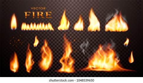 Realistic flame, vector 3d Fire collection, red lights, sparks, isolated on trensparent background.