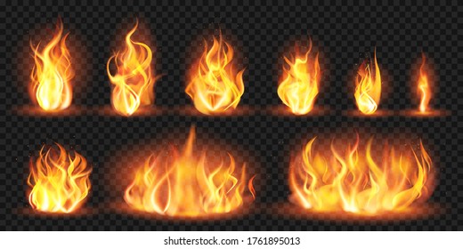 Realistic flames. Burning red wildfire flames, blazing fiery spurts of flame, burn bonfire silhouette isolated vector illustration set. Fiery red, wildfire blaze, burn flame