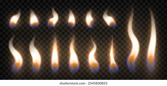 realistic flames with glow effect, bright fire, transparency effect, vector illustration on an isolated background