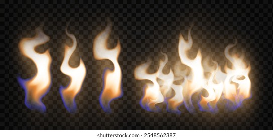 realistic flames with glow effect, bright fire, transparency effect, vector illustration on an isolated background