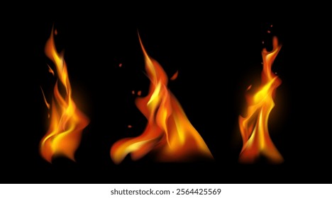 Realistic flaming hot fire, glowing flare flaming explosions on black background. Vector burning or heating firing lines, bonfire or campfire orange fiery objects, flammable item, ignite