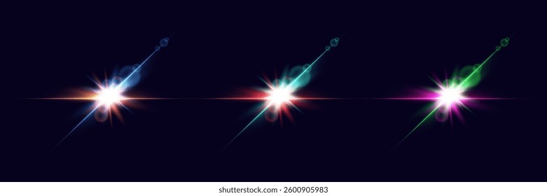 Realistic flares. Sun flare effect with rays. Abstract glow effect for design. Vector.