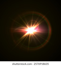 Realistic Flash and Glowing Effects: Camera Light, Sunlight Reflection, Stars, and Sparkling Highlights. Isolated Celestial Elements for Space and Light Design on Transparent Background