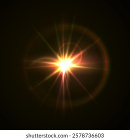 Realistic Flash and Glowing Effects: Camera Light, Sunlight Reflection, Stars, and Sparkling Highlights. Isolated Celestial Elements for Space and Light Design on Transparent Background
