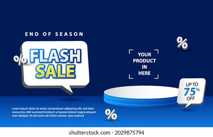 
Realistic flash sale banner template design with podium for display product, up to 50% off. For promo or discount poster design. Vector illustration