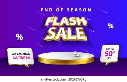 Realistic flash sale banner template design with podium for display product, up to 50% off. For promo or discount poster design. Vector illustration