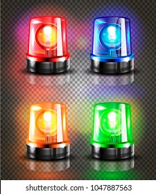Realistic Flasher Siren Set Vector. Red, Orange, Green, Blue. 3D Realistic Object. Light Effect. Rotation Beacon. Emergency Flashing Siren. Isolated On Transparent Background Illustration