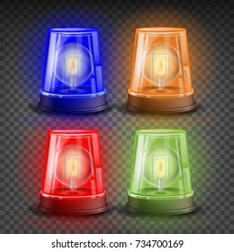 Realistic Flasher Siren Set Vector. Red, Orange, Green, Blue. 3D Realistic Object. Light Effect. Rotation Beacon. Emergency Flashing Siren. Isolated On Transparent Background Illustration