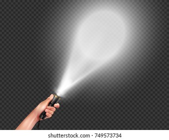 Realistic flashlight in hand and beam of light directed on the wall transparent vector illustration