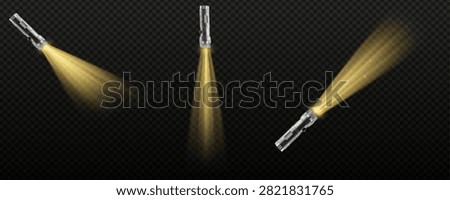 Realistic flashlight with light beam set torch spotlight shining ray vector illustration on transparent background