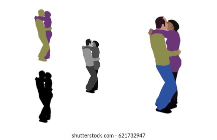 Realistic flat colored, greyscale and silhouette illustration of a french kissing couple