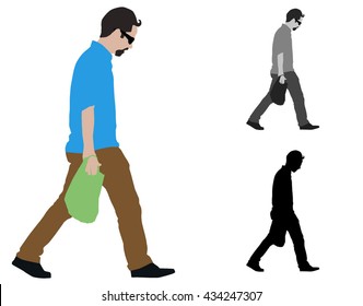 Realistic flat colored illustration of a  man walking with a shopping bag