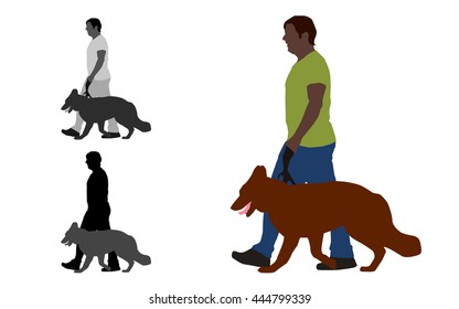 Realistic flat colored illustration of a man walks a german shepherd dog