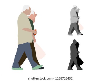 Realistic Flat Colored Illustration Of Two Walking Old Men 