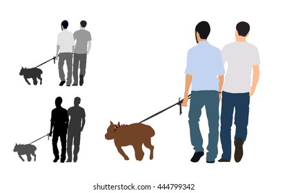 Realistic flat colored illustration of two men walks a staffordshire bull terrier dog