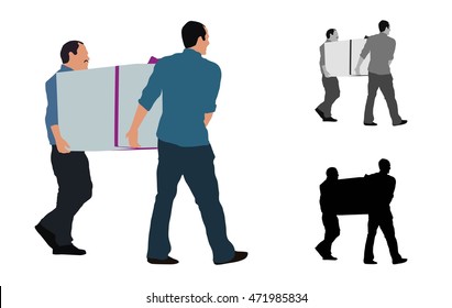 Realistic Flat Colored Illustration Of Two Men Carrying A Big Box