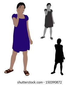 Realistic flat colored illustration of a young woman talking on a mobile phone