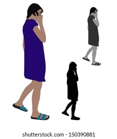 Realistic flat colored illustration of a young woman talking on a mobile phone